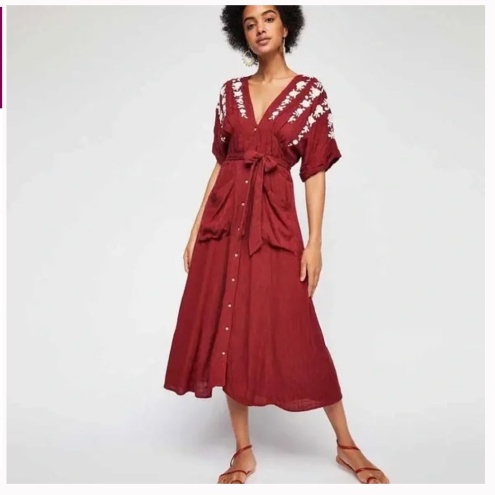 Free People Burgundy Embroidered Dress